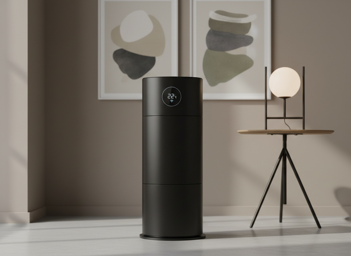 A sleek, matte black ceramic smart heater with a minimalist digital display, elegantly positioned in a softly lit living room corner. The background features smooth taupe walls, abstract art with muted colors, and a subtle, modern side table with a geometric lamp. Diffused natural daylight from an unseen window gently illuminates the scene, casting delicate gradients on the heater's surface and creating graceful, understated shadows. The composition is centered with a slightly elevated camera angle and shallow depth of field, exuding a calm, refined sophistication perfect for a luxury home technology store. The overall style is clean, photographic realism with tasteful minimalism and flawless finish.