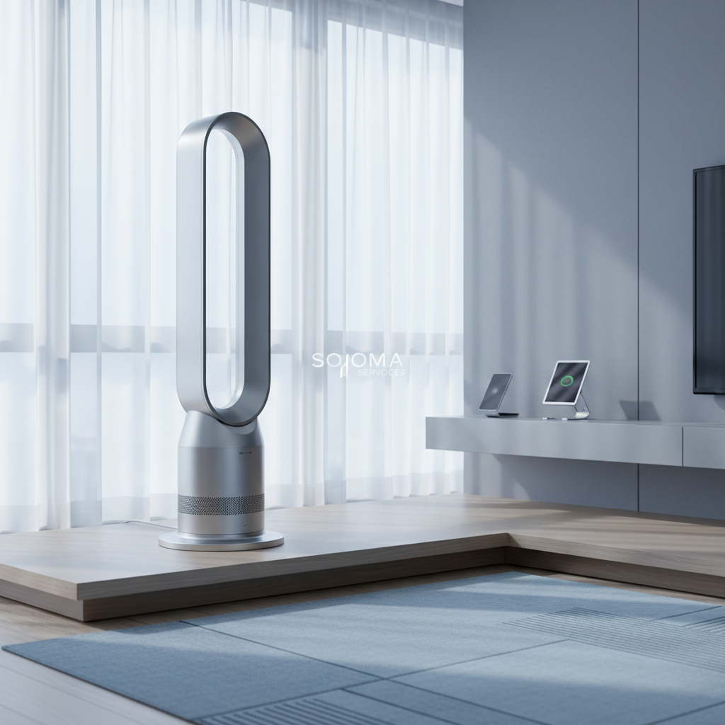 A beautifully designed, silver metallic bladeless fan with a seamless, matte finish, standing on a low-profile light wood platform in a spacious, uncluttered modern interior. The muted palette of the room includes dove gray walls, a hint of soft blue in a minimalist rug, and curated tech accessories nearby. Gentle overcast daylight filters through translucent curtains, enveloping the fan in a cool, serene light that produces soft highlights and subtle, elongated shadows. Framed in a rule-of-thirds composition from an eye-level perspective, the image conveys an air of sophistication and quiet luxury, reflecting the technologically refined ambiance of Soma Servoces. Artistic style is modern photographic realism with an elegant, uncluttered feel.